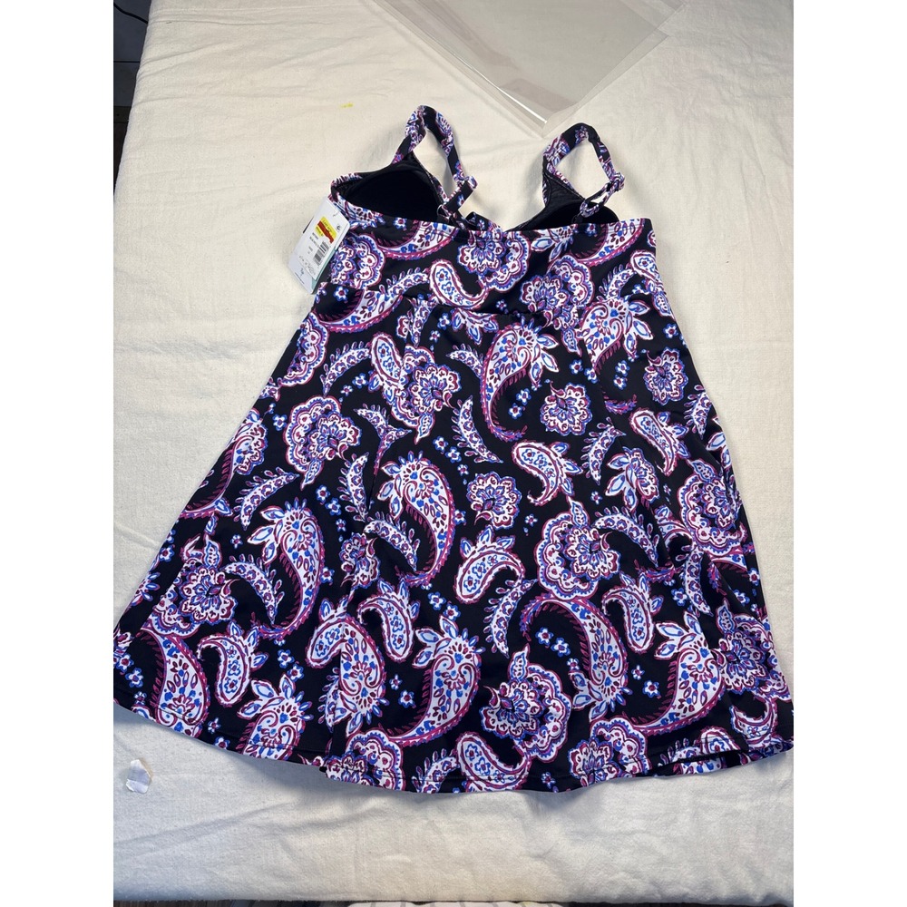 Swim Solutions Women Paisley Bow Front Swim Dress Black Multi 16 NWT 807095 - Picture 2 of 6